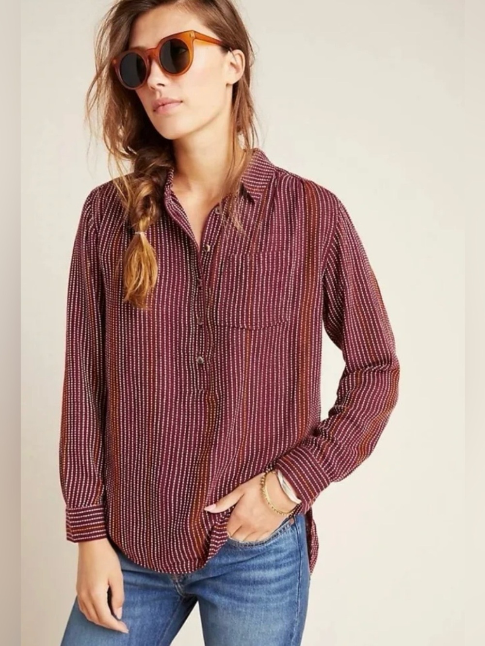 Anthropologie Burgundy Striped Dot-Print Button-Down Shirt